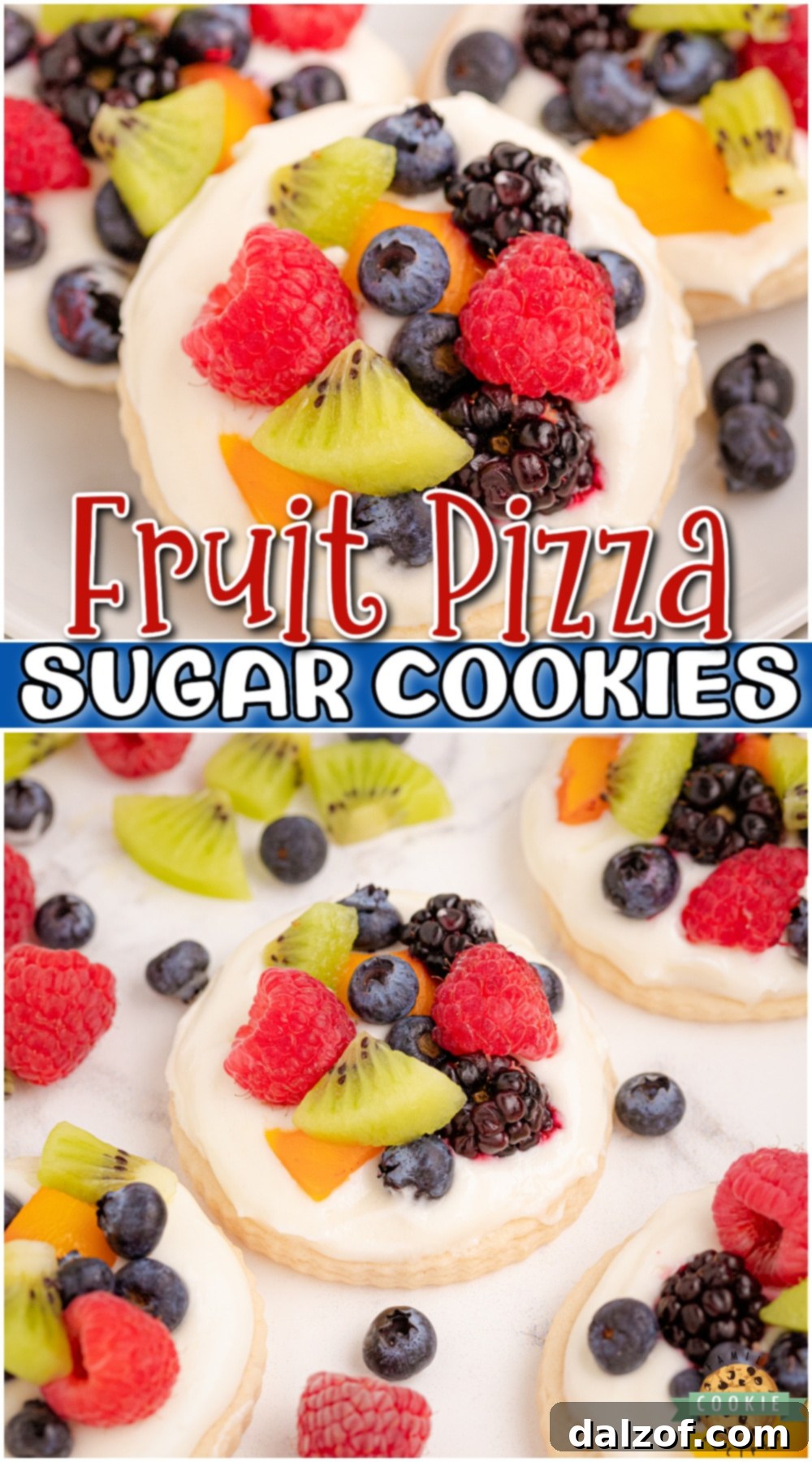 Pinterest optimized image of Easy Fruit Pizza Cookies, featuring soft vanilla cookies with sweet cream and fresh berries