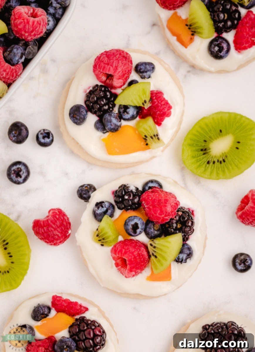 Close-up of a perfectly crafted fruit pizza cookie with an array of fresh fruit