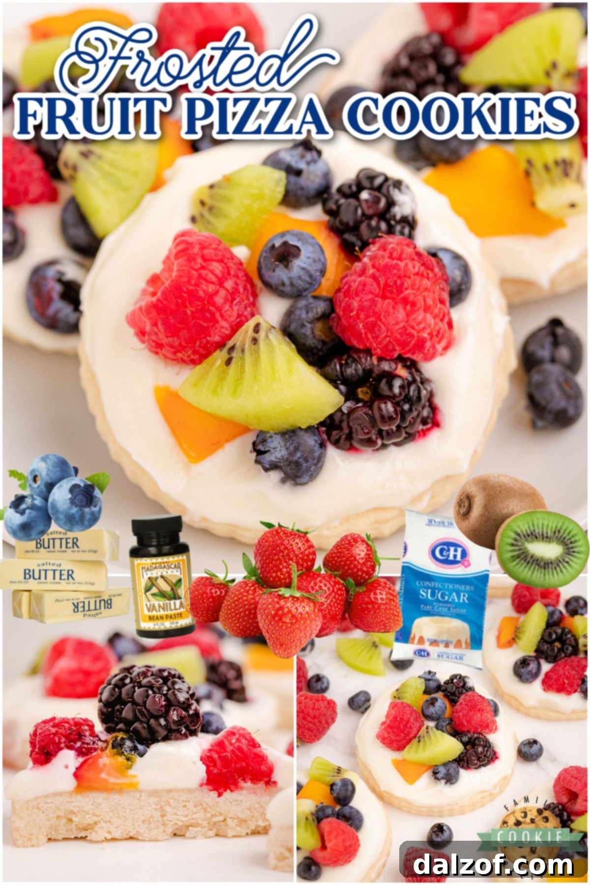Easy Fruit Pizza Cookies: Soft vanilla cookies baked and topped with sweet cream and fresh fruits and berries.