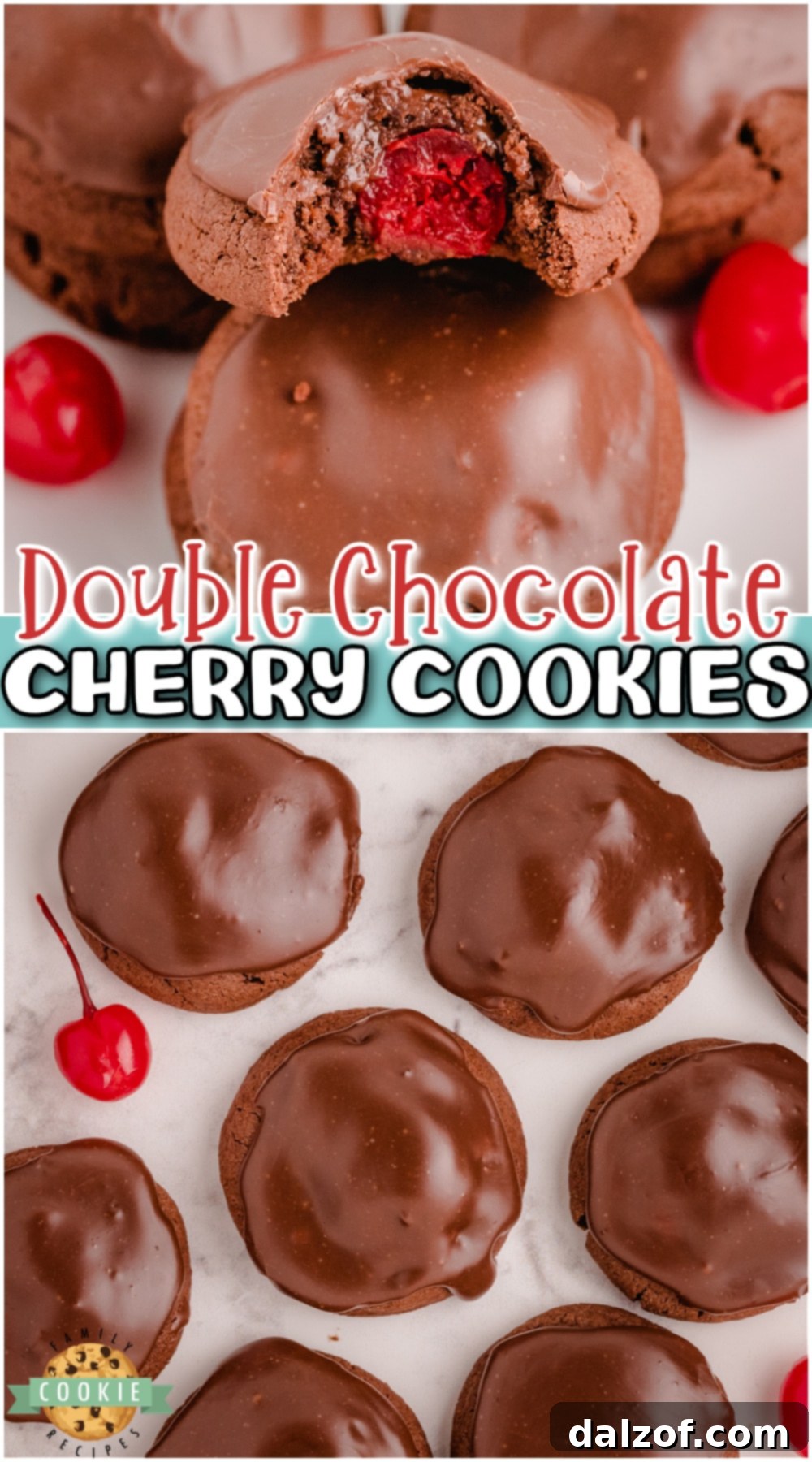 Double Chocolate Cherry Cookies are rich & chocolatey, with a cherry in middle and a delicious fudge topping on top!