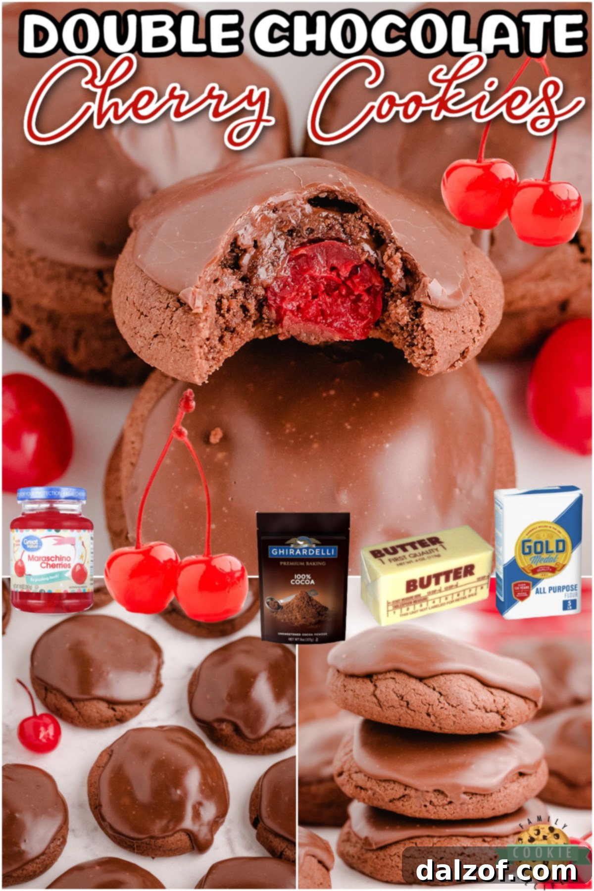Double Chocolate Cherry Cookies are rich & chocolatey, with a cherry in middle and a delicious fudge topping on top!