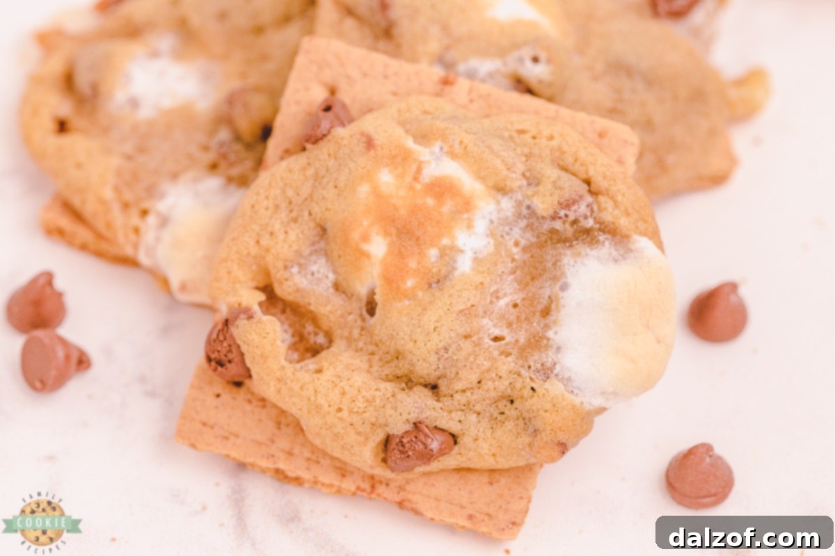 Campfire Chocolate Chip Smores Cookies 2 s'mores chocolate chip cookies on a graham cracker