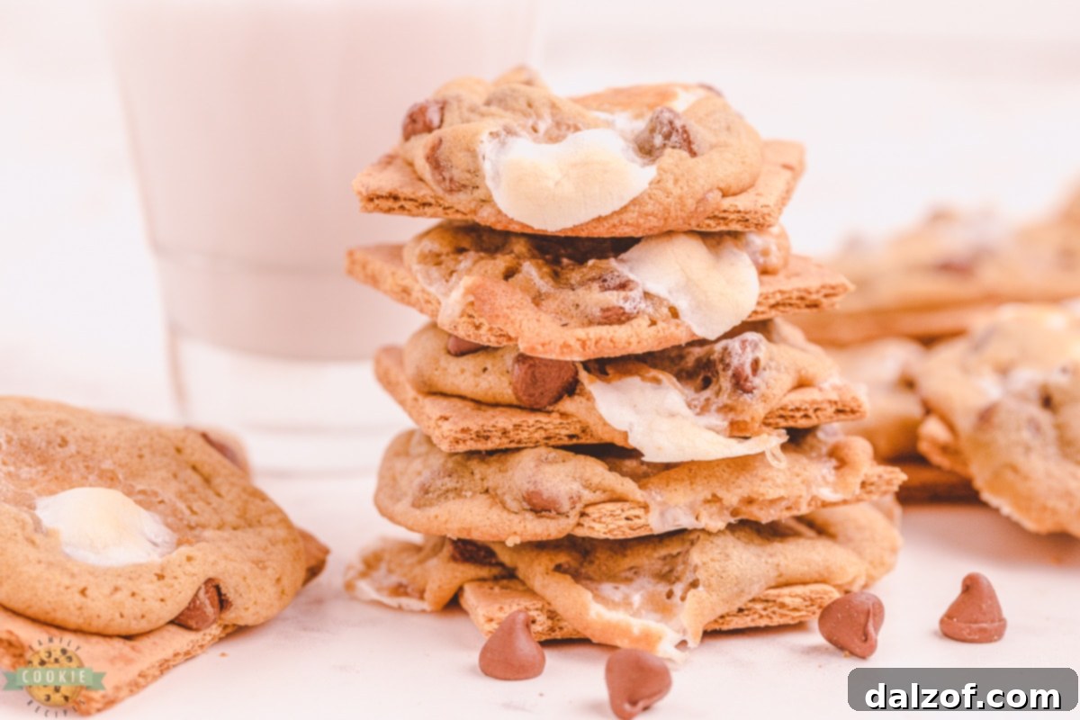 Campfire Chocolate Chip Smores Cookies 7 stack of s'mores chocolate chip cookies