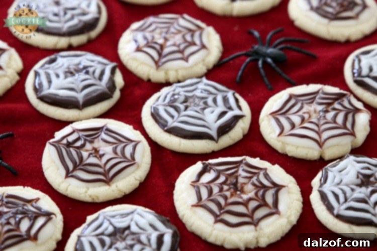 Delicious Halloween Cobweb Cookies decorated with chocolate and vanilla icing, perfect for spooky treats