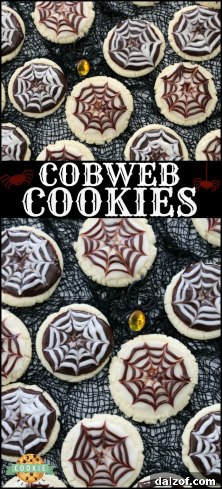 Pin for Halloween Cobweb Cookies recipe, showing decorated sugar cookies with chocolate and vanilla icing for easy spooky treats