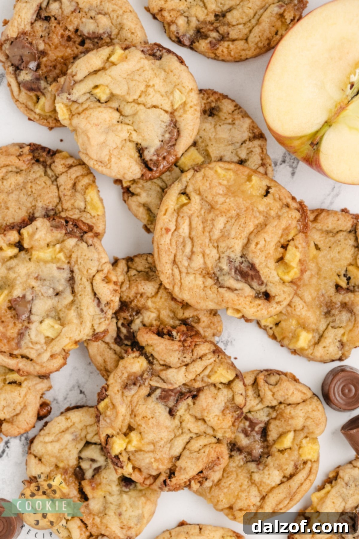 Delicious cake mix cookie recipe with fresh apples and gooey Rolo candies for a caramel and chocolate flavor.