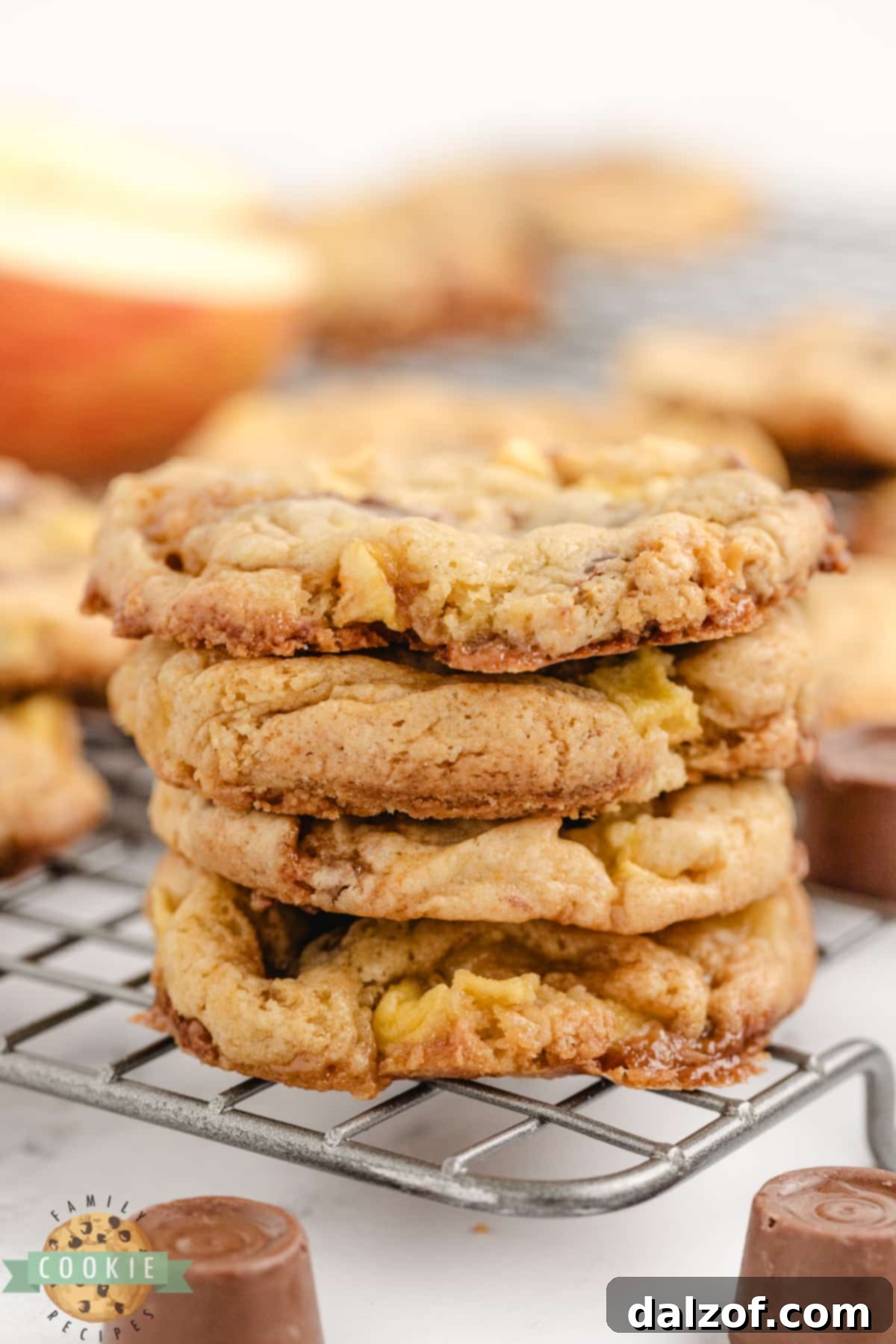 Soft, chewy cookies made with a cake mix, diced apples, and sweet chocolate caramel Rolos.
