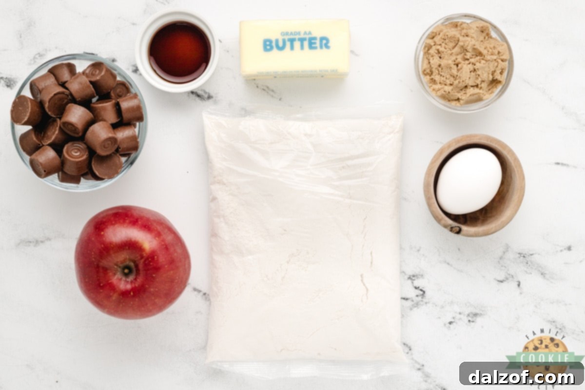 All the fresh and pantry ingredients needed for making Caramel Apple Cake Mix Cookies.