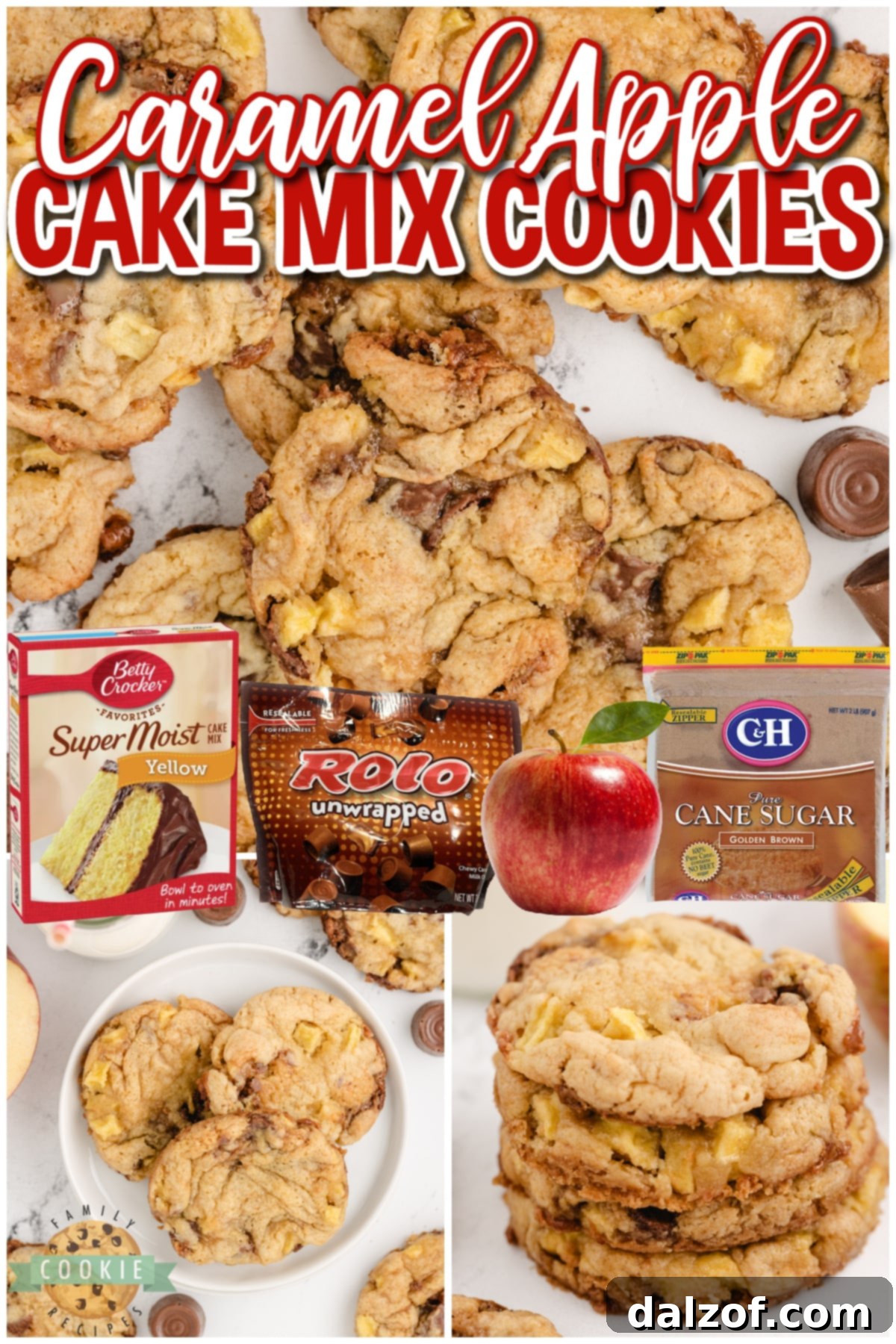 A collage of beautiful Caramel Apple Cake Mix Cookies, showcasing their appealing texture and ingredients.