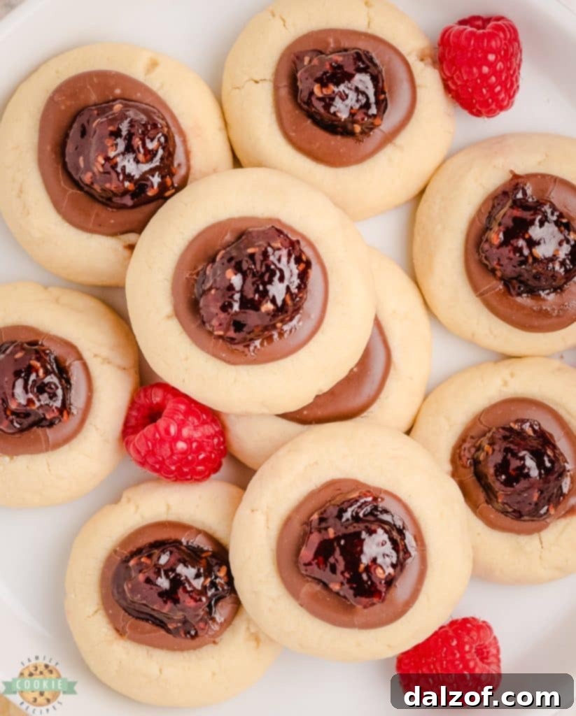 close-up of chocolate raspberry thumbprint cookies arranged on a platter