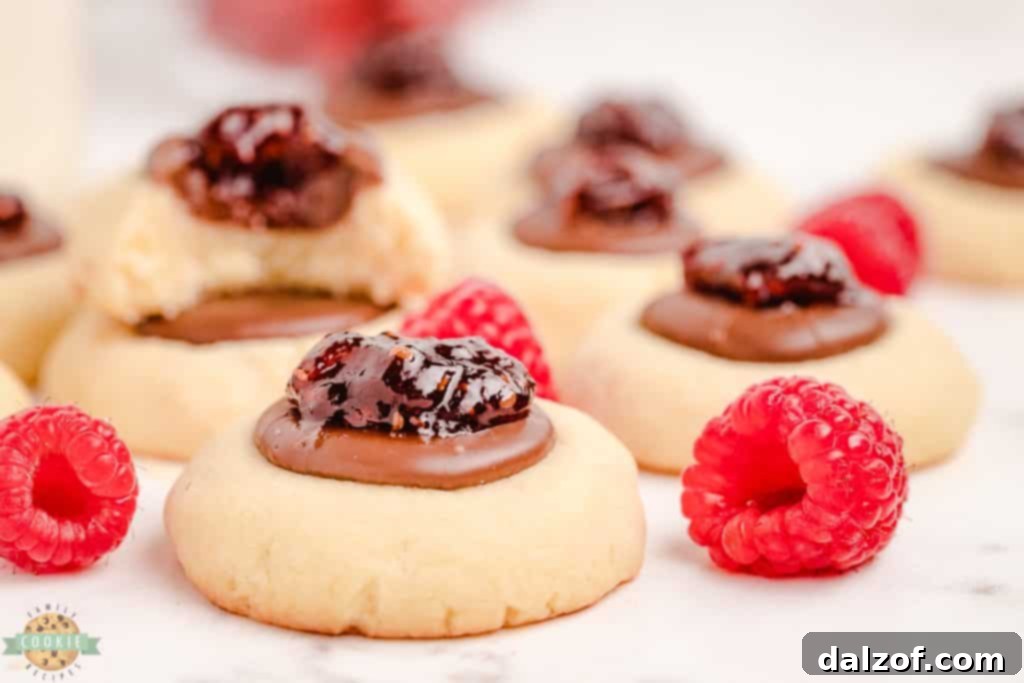 raspberry thumbprints with chocolate, close-up shot on a white background