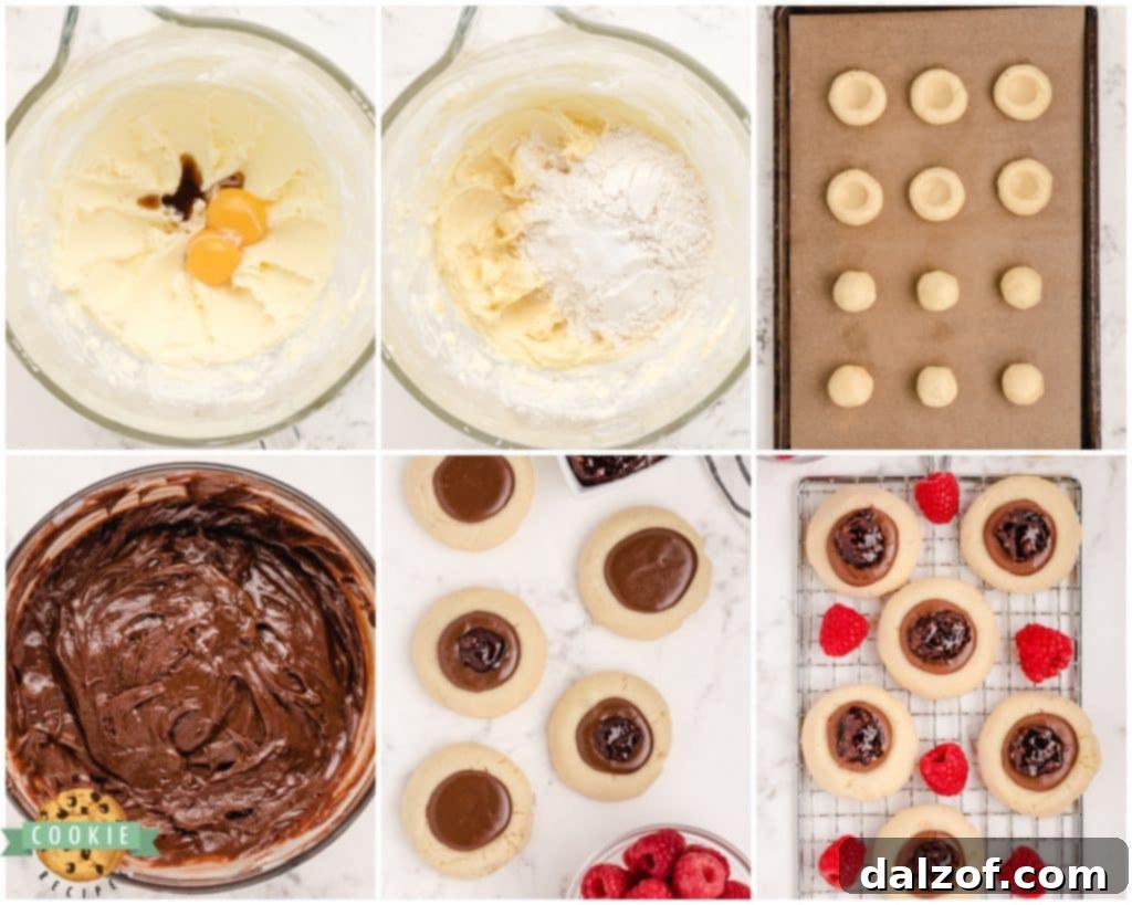 collage showing steps on how to make chocolate raspberry thumbprint cookies
