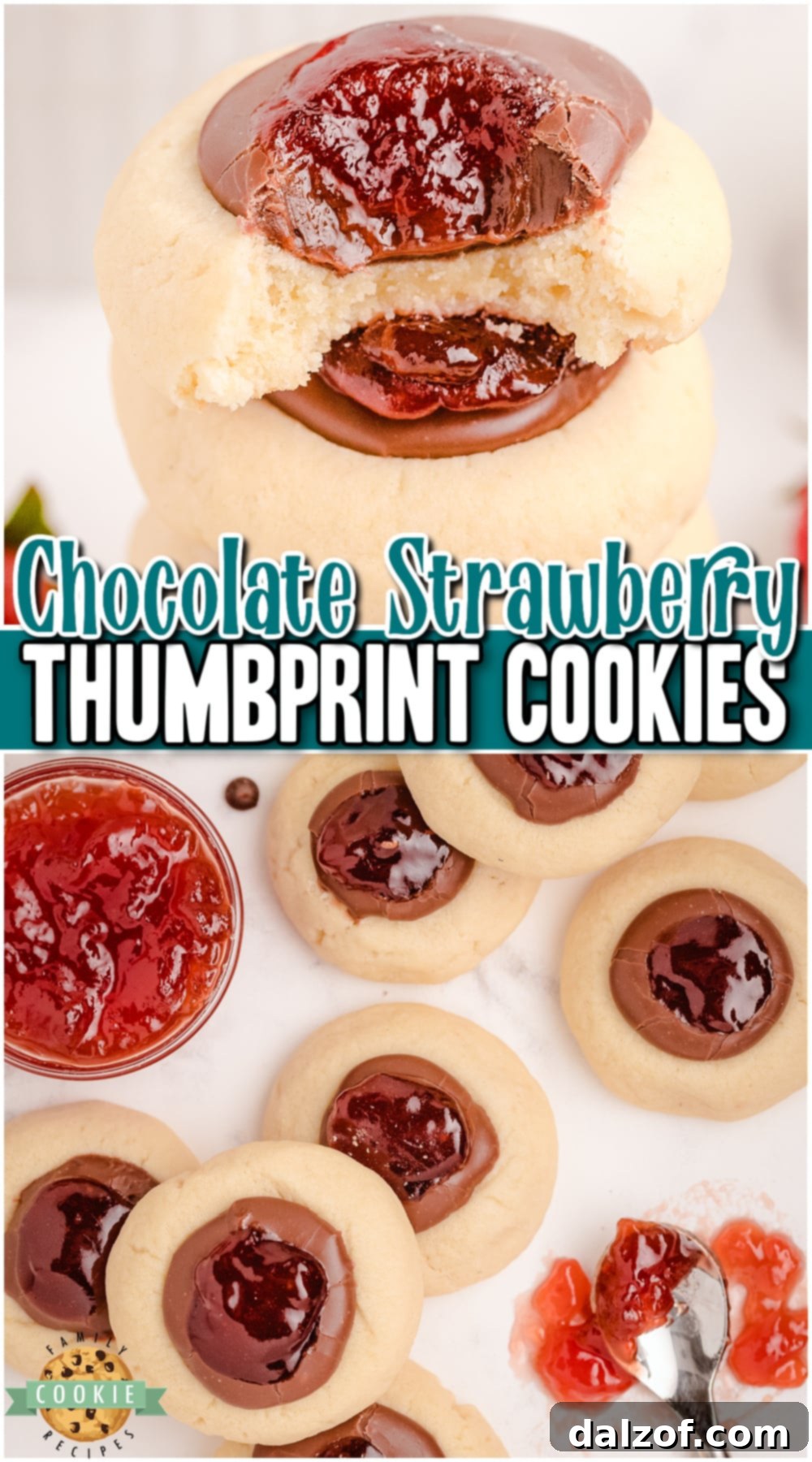 Chocolate Raspberry Thumbprint Cookies are buttery soft cookies, topped with chocolate fudge & raspberry jam! Our Raspberry Thumbprint cookie recipe has a layer of decadent chocolate!