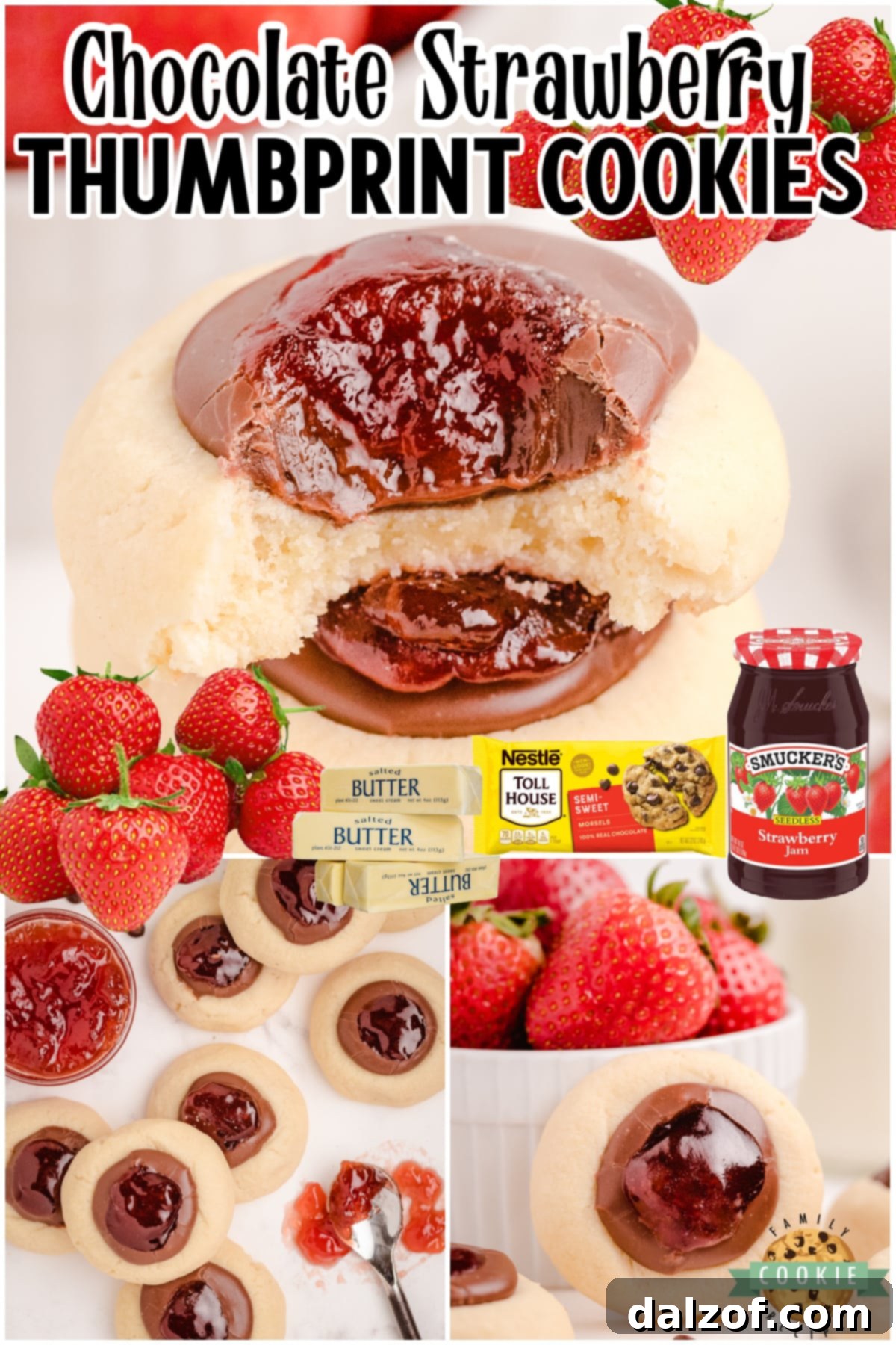 Chocolate Strawberry Thumbprint Cookies made with a buttery cookie & topped with chocolate fudge & strawberry jam! It's a chocolate covered strawberry in cookie form! 