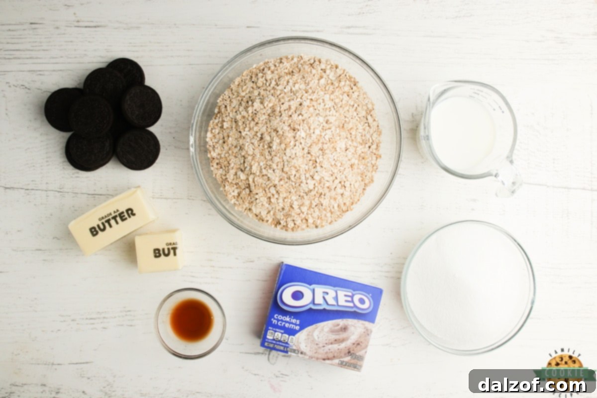 Essential ingredients for crafting delectable Oreo No Bake Cookies, including sugar, butter, milk, Oreo pudding mix, oats, vanilla, and crushed Oreo cookies.