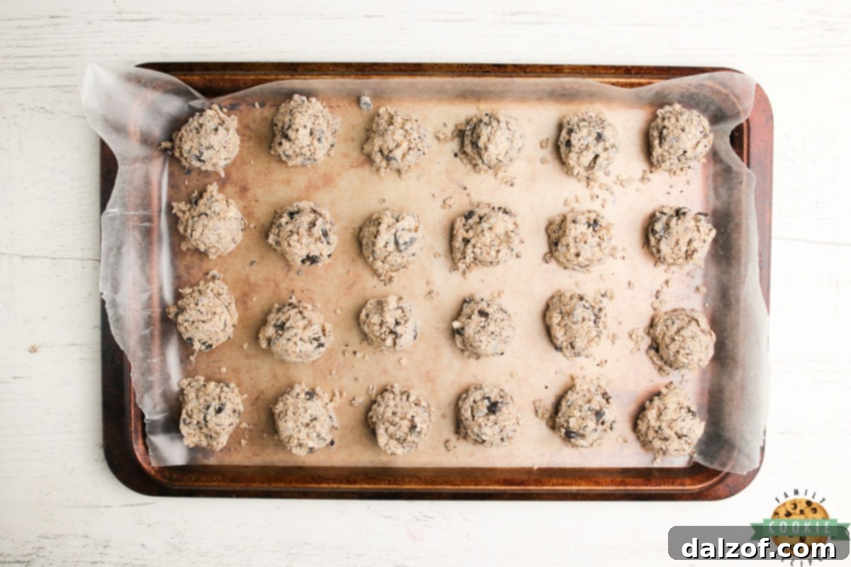 Close-up of freshly made no bake cookies with visible Oreo chunks, ready to be enjoyed.