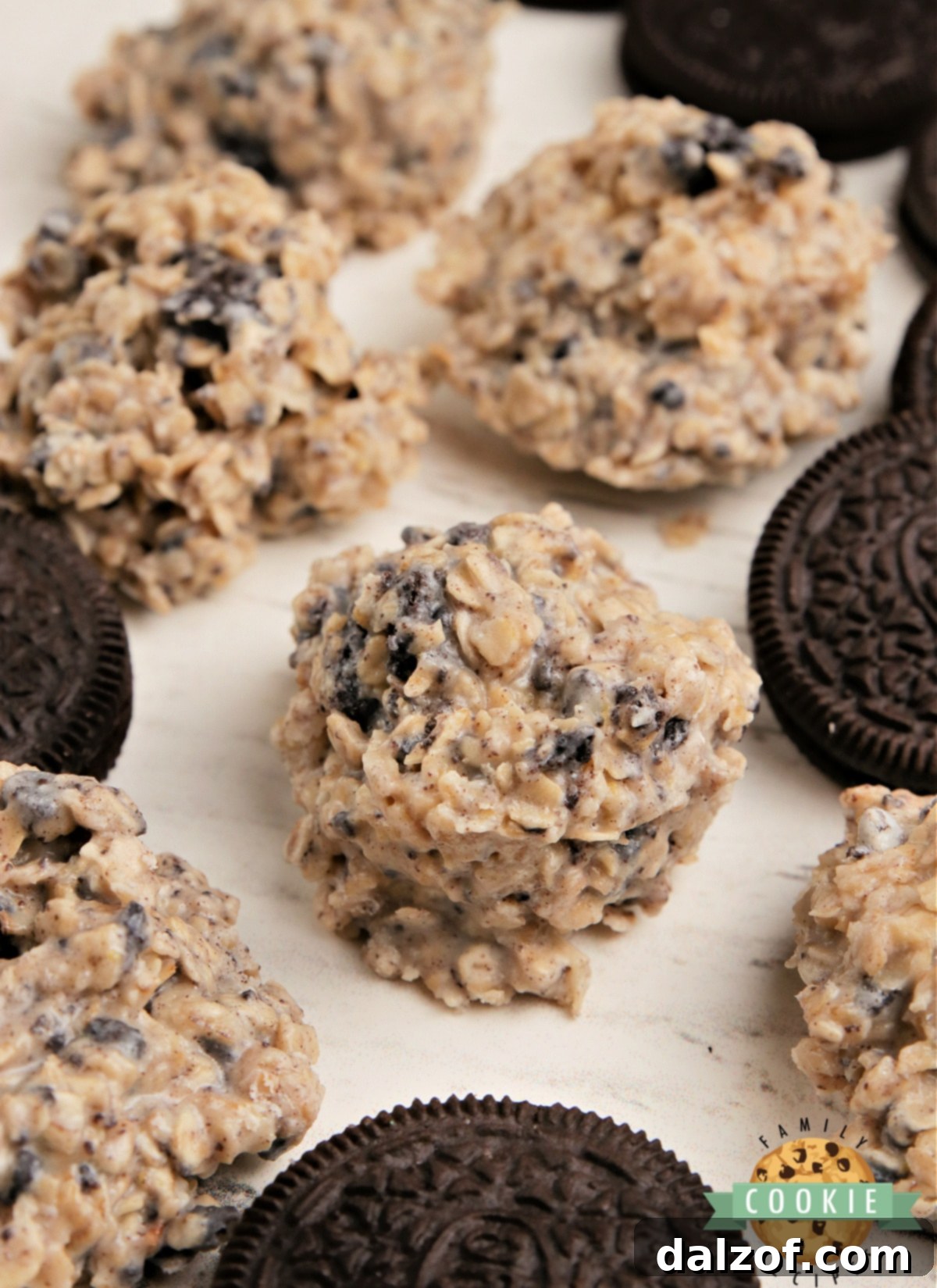 A batch of Cookies and Cream No Bake Cookies arranged beautifully, highlighting their delightful texture.