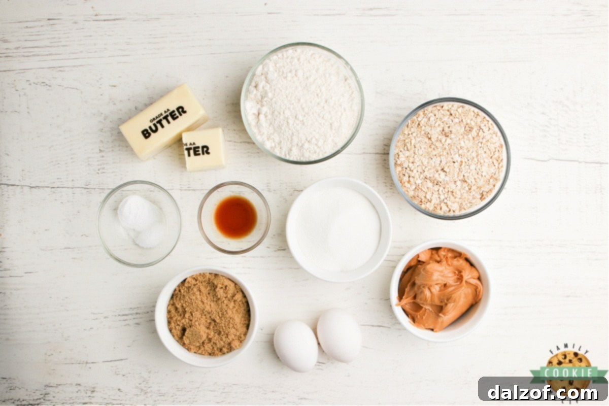 A flat lay showing all the ingredients required to make Peanut Butter Cookie Bars.