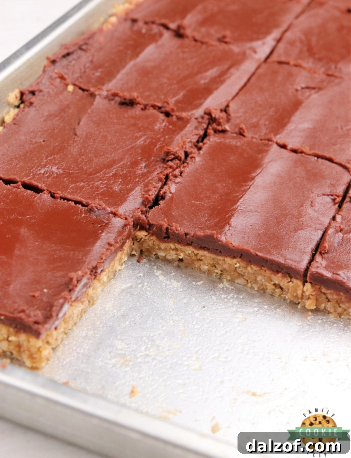Close-up of Peanut Butter Cookie Bars with a thick layer of fudge frosting, ready to be sliced.