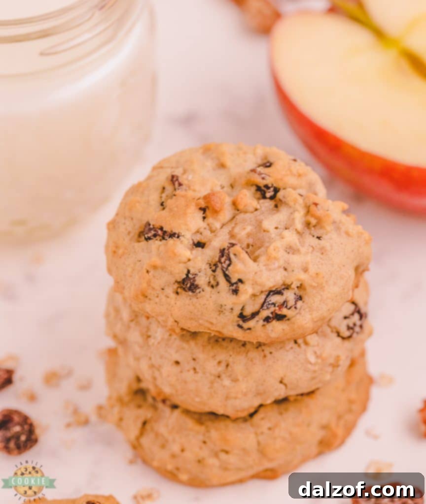 Stack of freshly baked raisin oatmeal cookies with applesauce