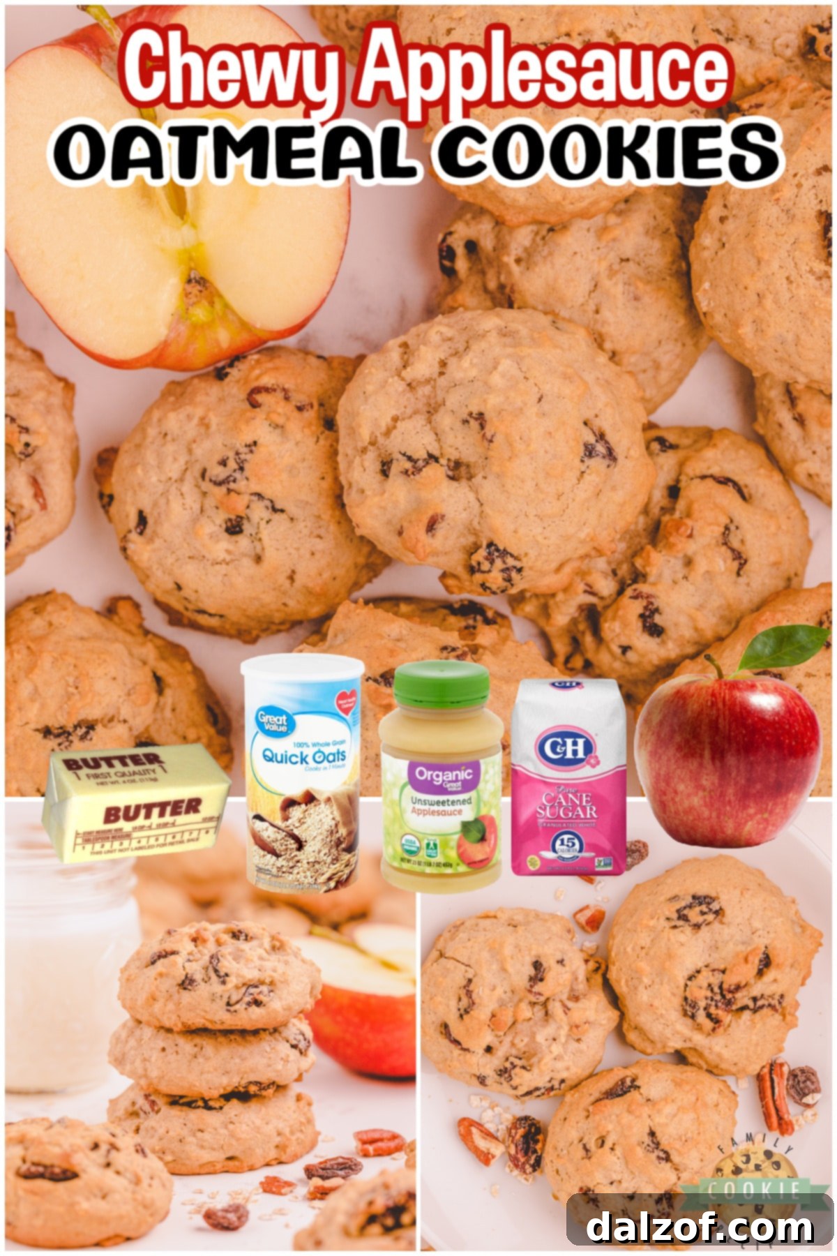 Applesauce oatmeal cookies packed with cinnamon spice, raisins, and chopped pecans, a wonderful flavor combination