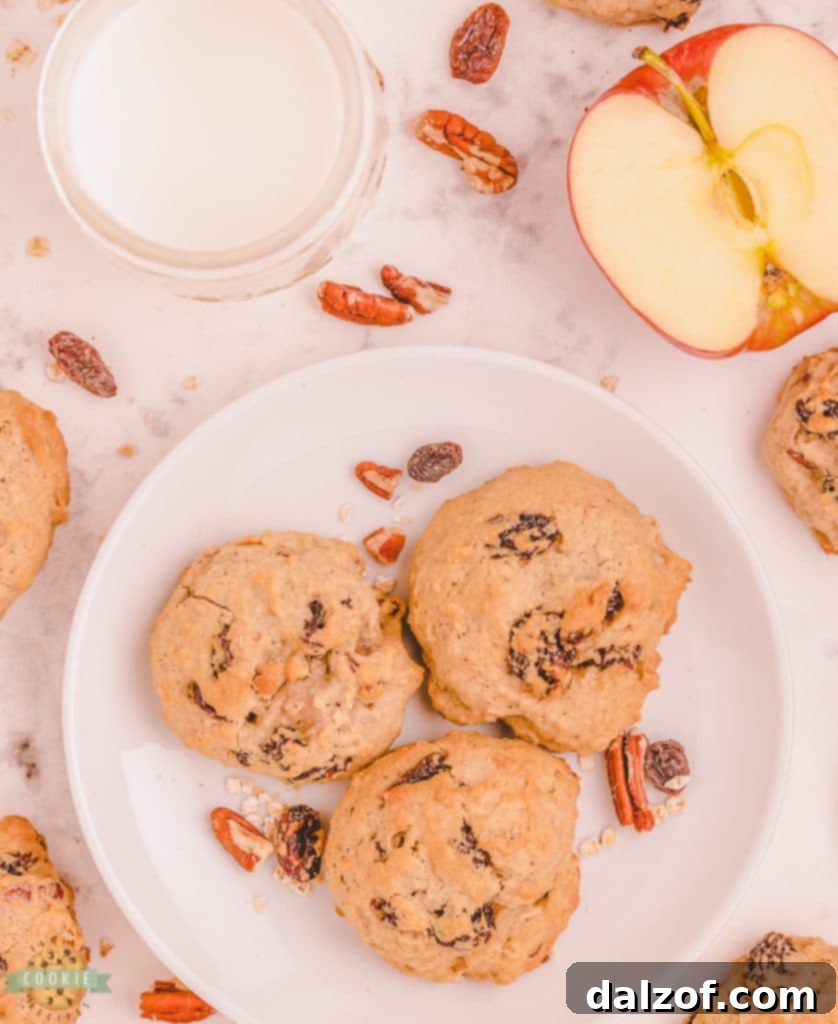 A plate of warm applesauce oatmeal cookies with raisins