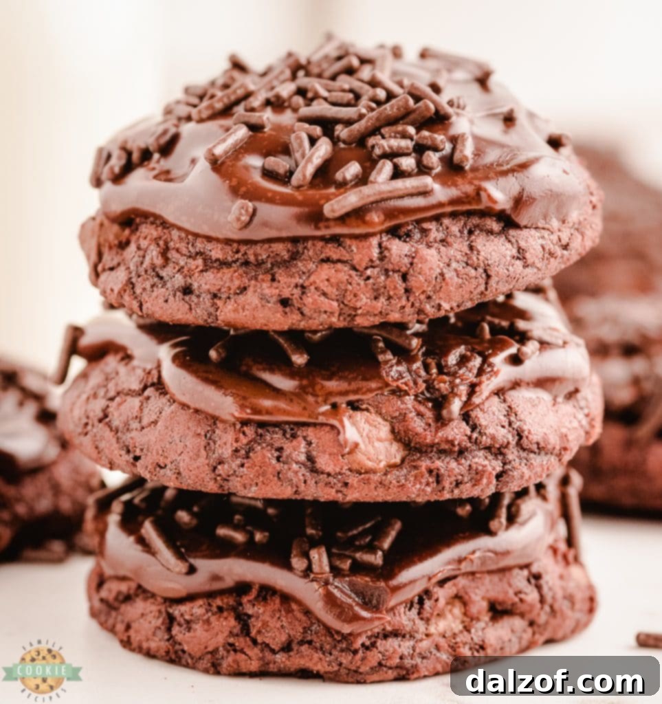 stacked brownie cookies with chocolate frosting and sprinkles