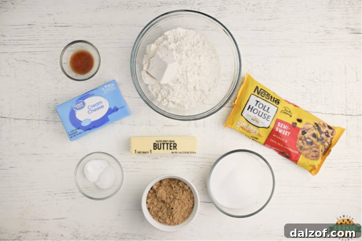A visual guide to the essential ingredients needed for Cream Cheese Chocolate Chip Cookies.