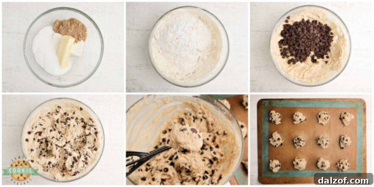 Illustrated step-by-step guide on preparing Cream Cheese Chocolate Chip cookies.