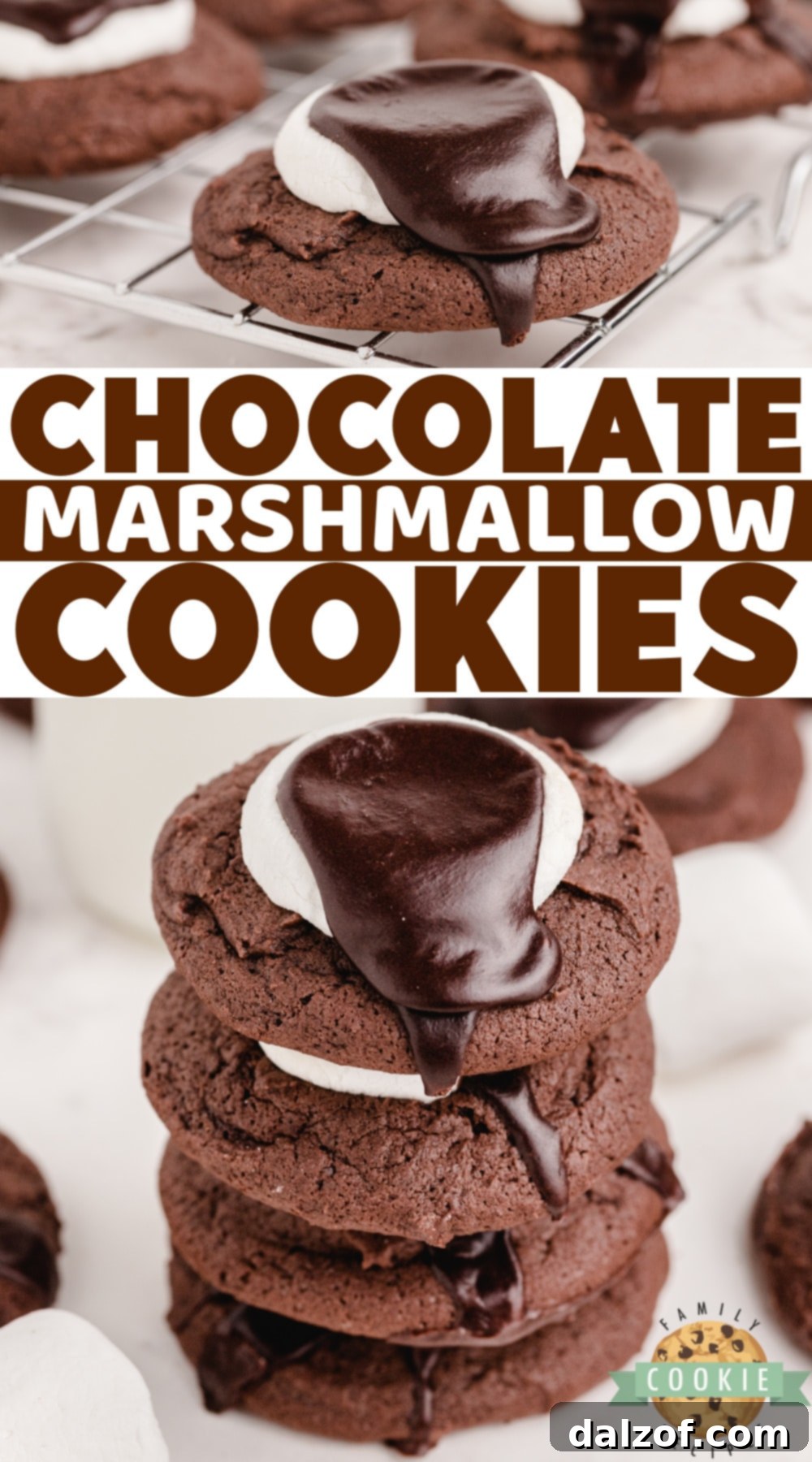 A large batch of finished Chocolate Marshmallow Cookies cooling on a wire rack
