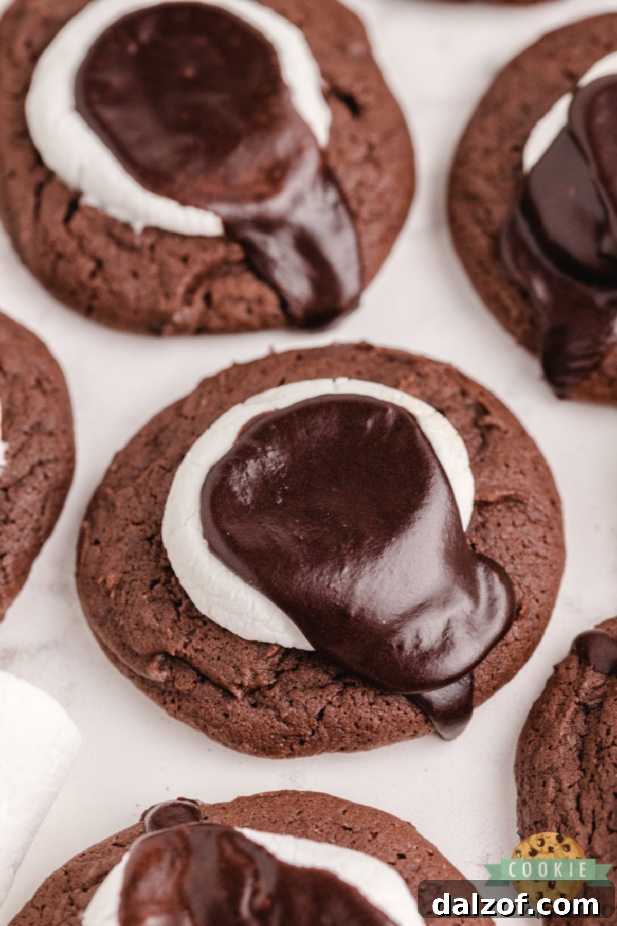 Close-up of freshly baked Chocolate Marshmallow Cookies with glistening chocolate frosting