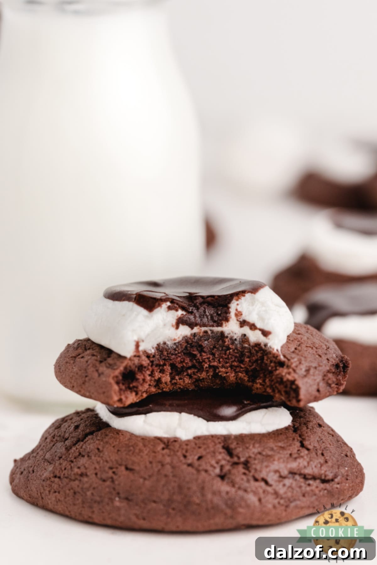 Pile of thick chocolate cookies topped with soft marshmallows and chocolate ganache