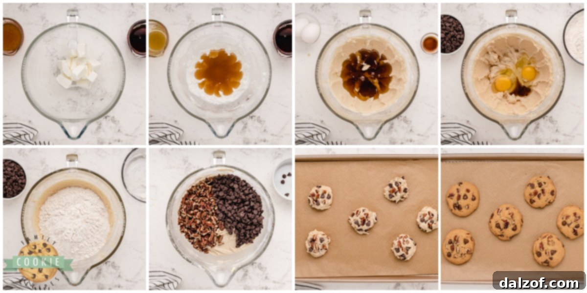 Rich Honey Maple Chocolate Chip Cookies 5 A step-by-step image guide demonstrating how to mix ingredients for Honey Maple Chocolate Chip Cookies in large bowls, leading to the perfect dough consistency.