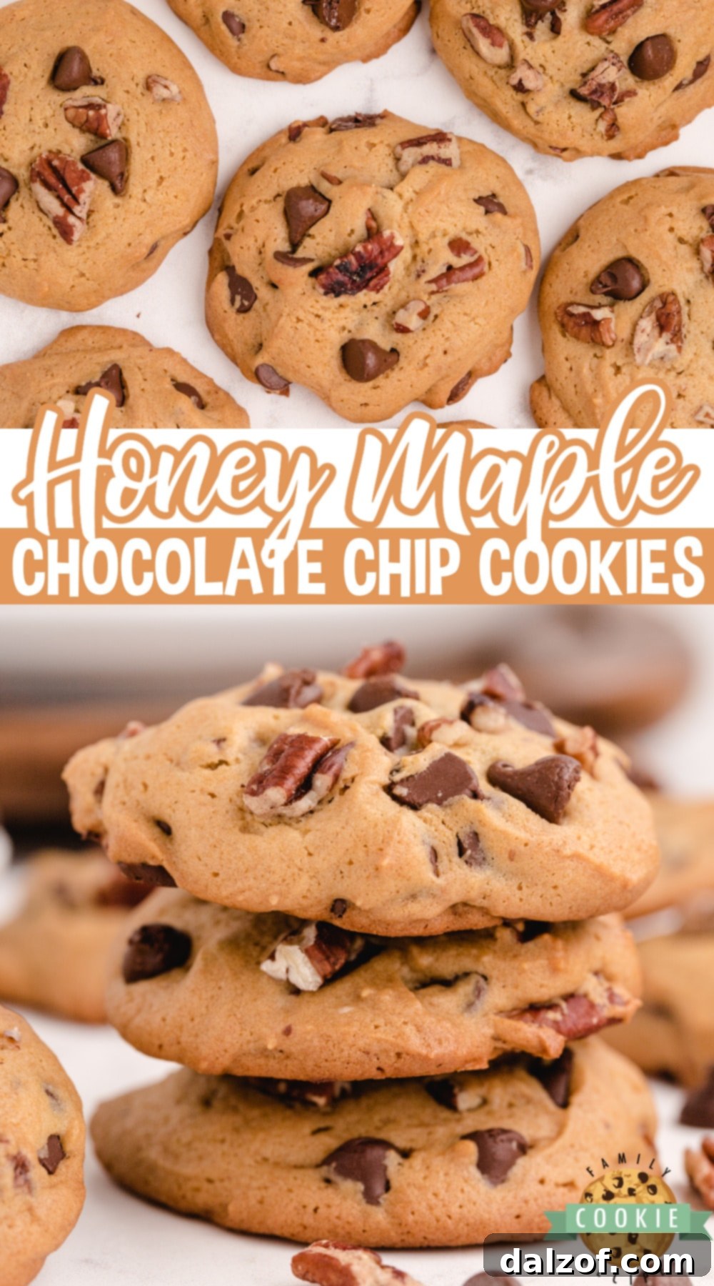 Rich Honey Maple Chocolate Chip Cookies 10 An inviting overhead shot of Honey Maple Chocolate Chip Cookies arranged beautifully, emphasizing their golden crusts and rich fillings.