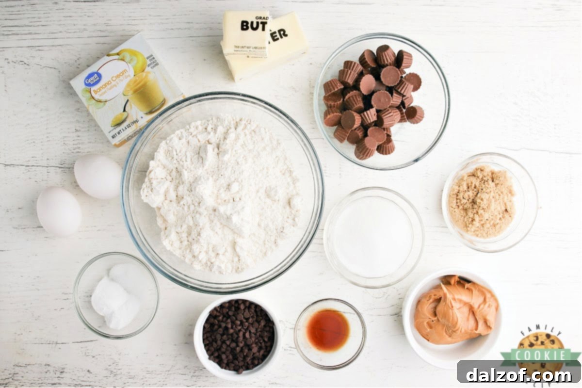All the essential ingredients for making delicious Reese's Peanut Butter Banana Cookies.