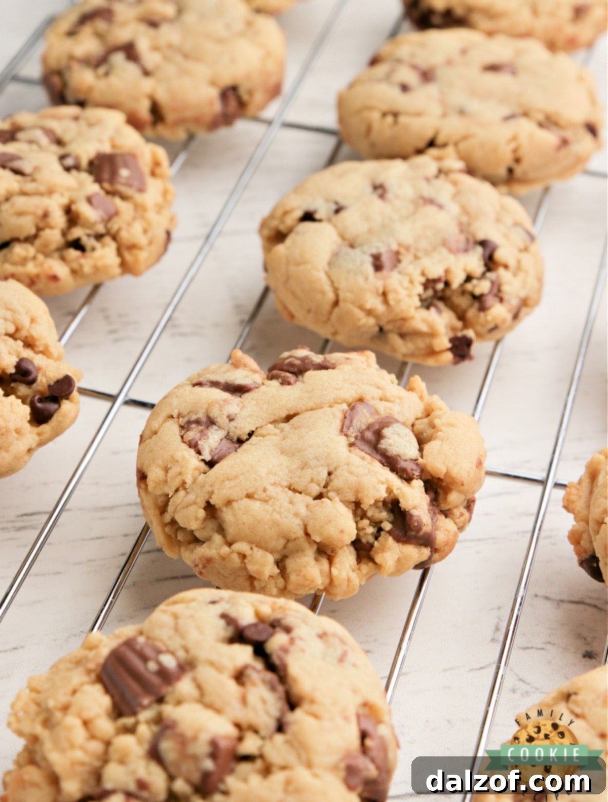 Close-up of baked Reese's Peanut Butter Banana Cookies on a cooling rack.