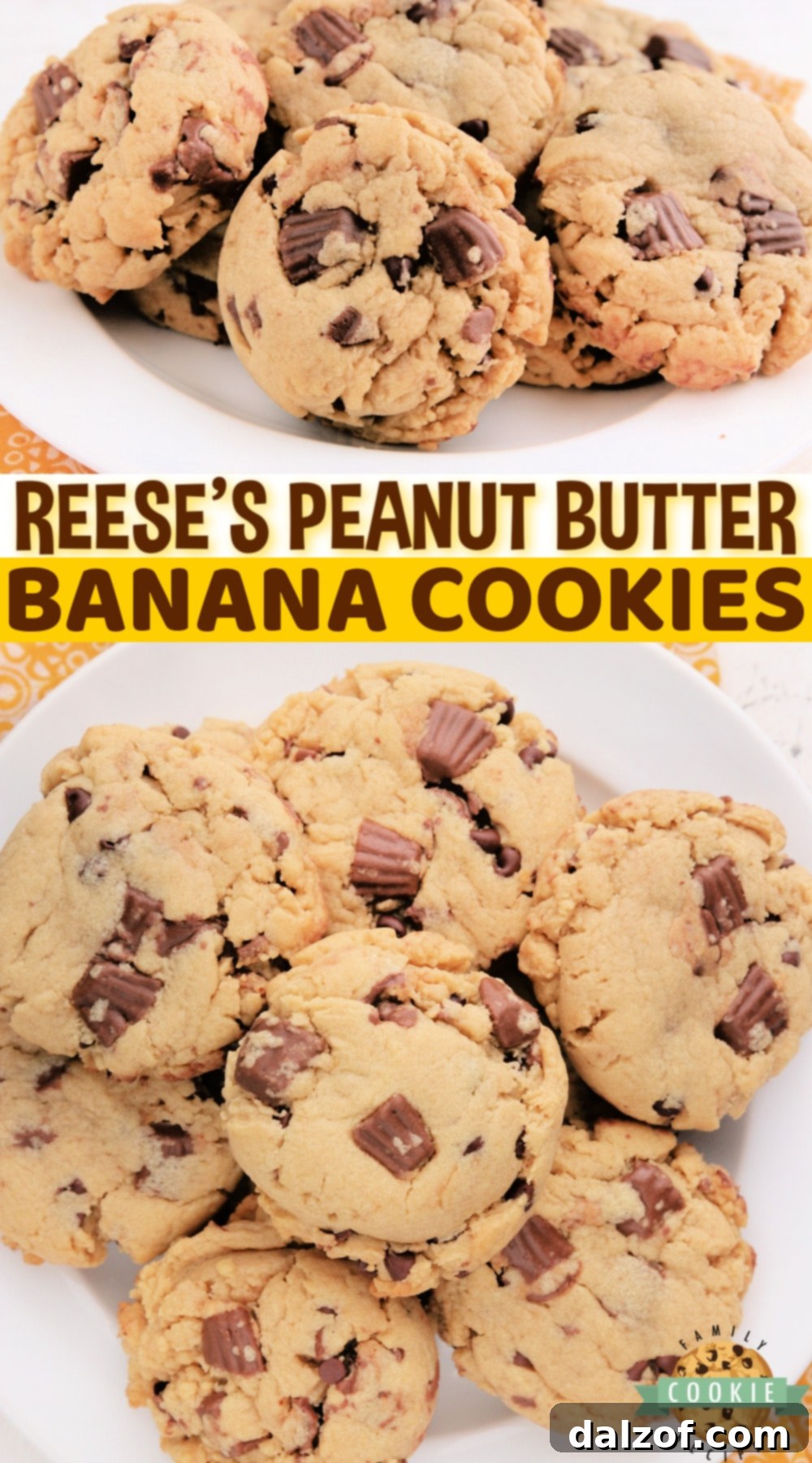 Close-up of a single Reese's Peanut Butter Banana Cookie on a wooden surface.