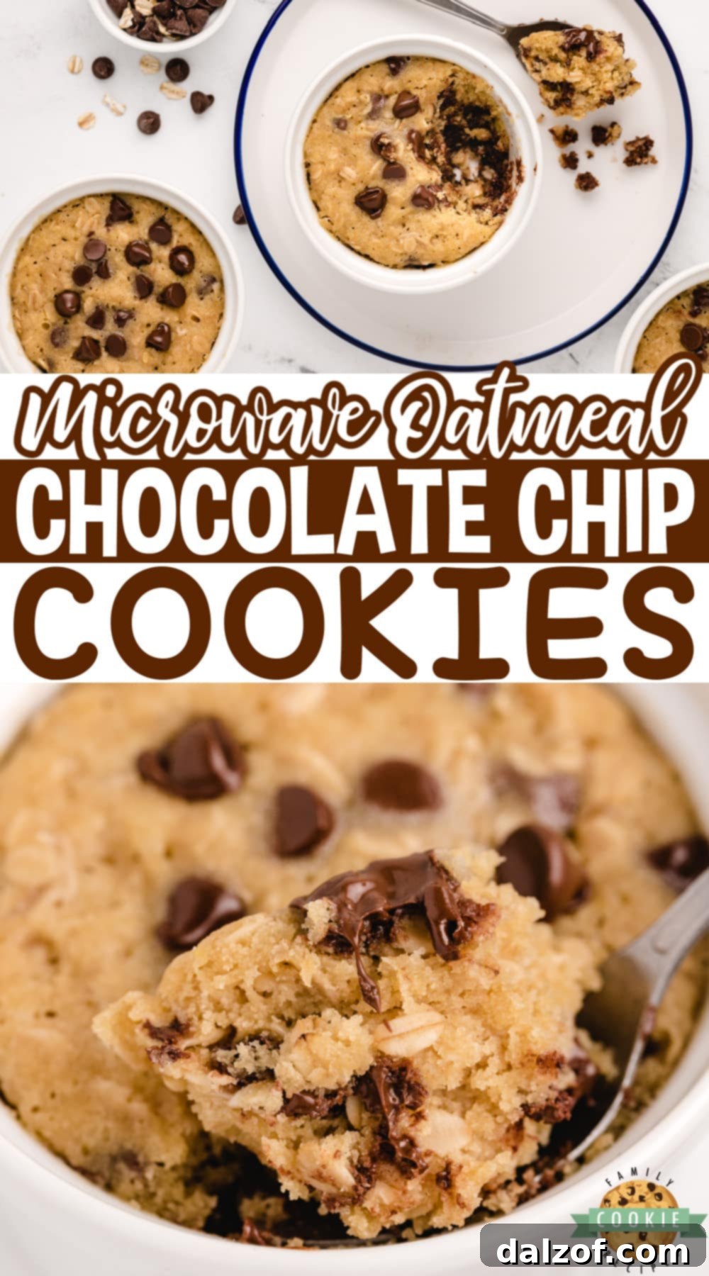 The inviting texture of a Microwave Oatmeal Chocolate Chip Cookie, showing the soft interior and melty chocolate.