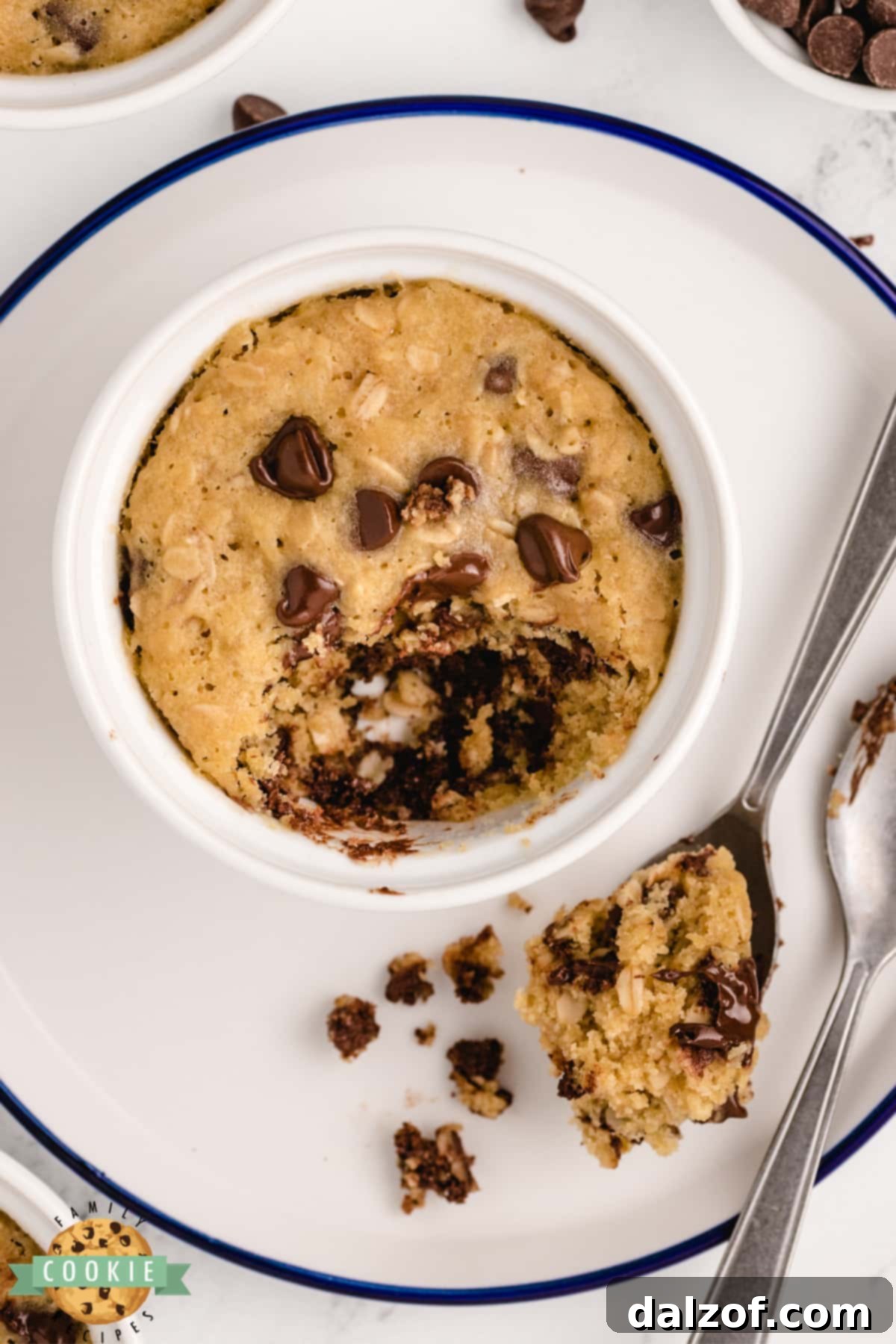 Close-up of a warm mug chocolate chip oatmeal cookie, baked to perfection in the microwave.
