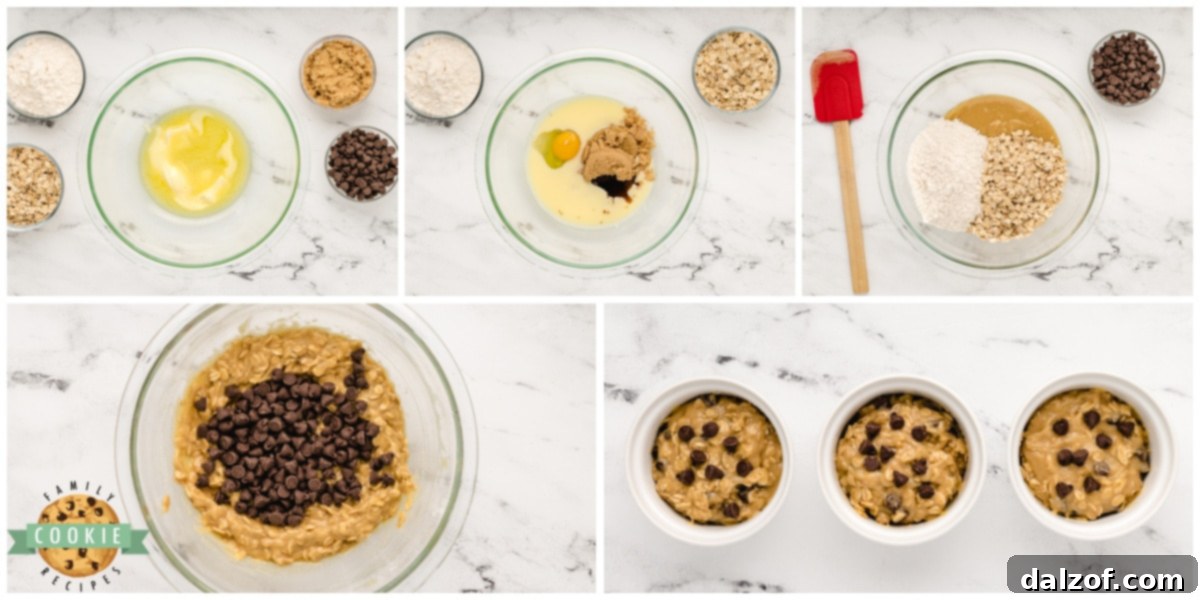 Step-by-step visuals showing the process of mixing ingredients for Microwave Oatmeal Chocolate Chip Cookies.