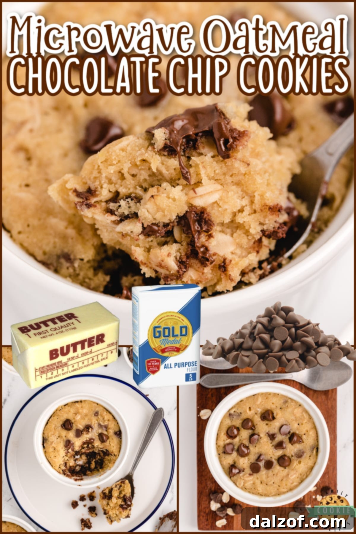 A collage displaying various stages and the final delicious result of Microwave Oatmeal Chocolate Chip Cookies.