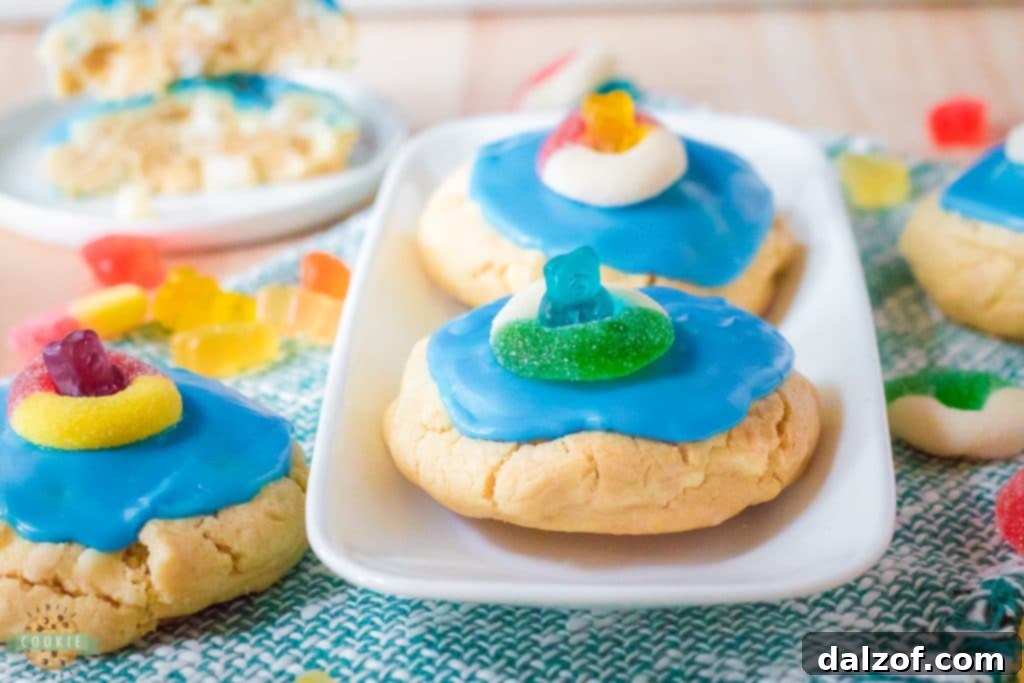 Gummy bear cookies enjoying a pool party