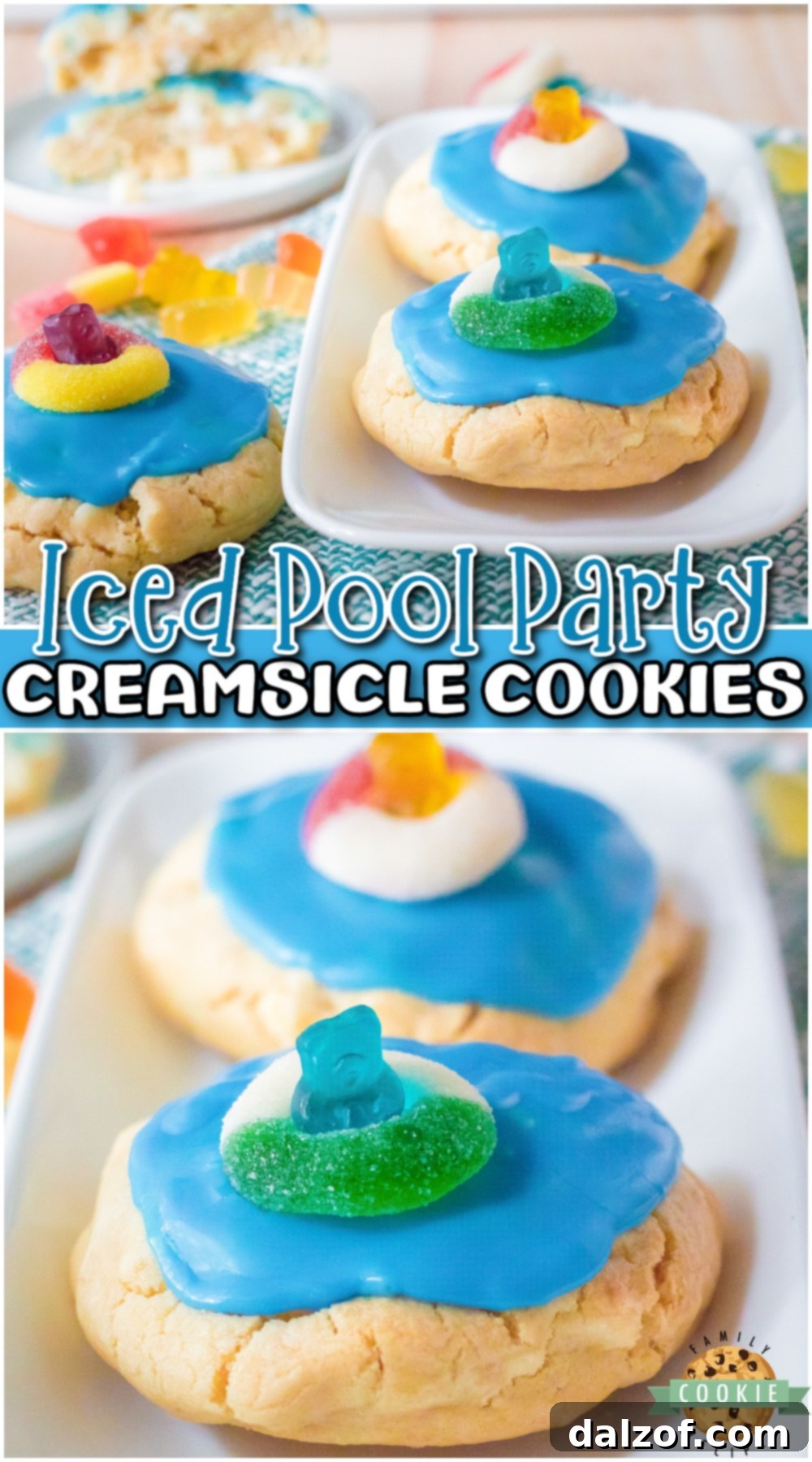 Pool Party Cookies are a fun, festive cookie that perfect for summer! Chewy creamsicle cookies topped with blue icing and a swimming gummy bear!