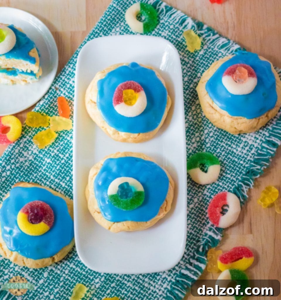 Fun gummy bear cookies in blue icing pools
