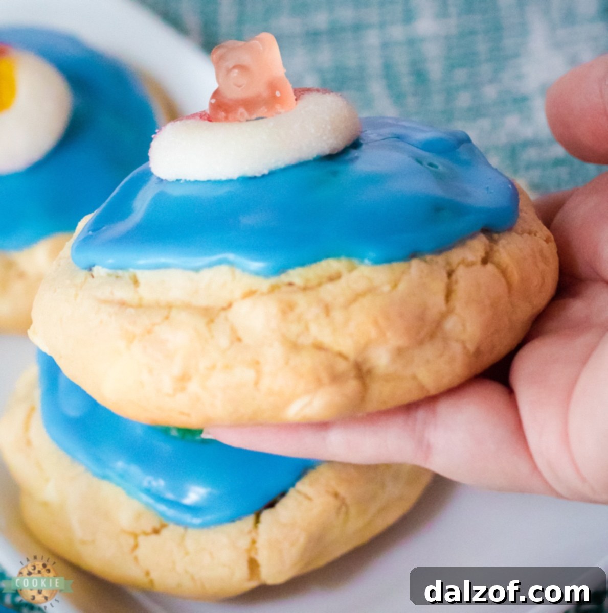 Pool party cookies with a gummy bear on top