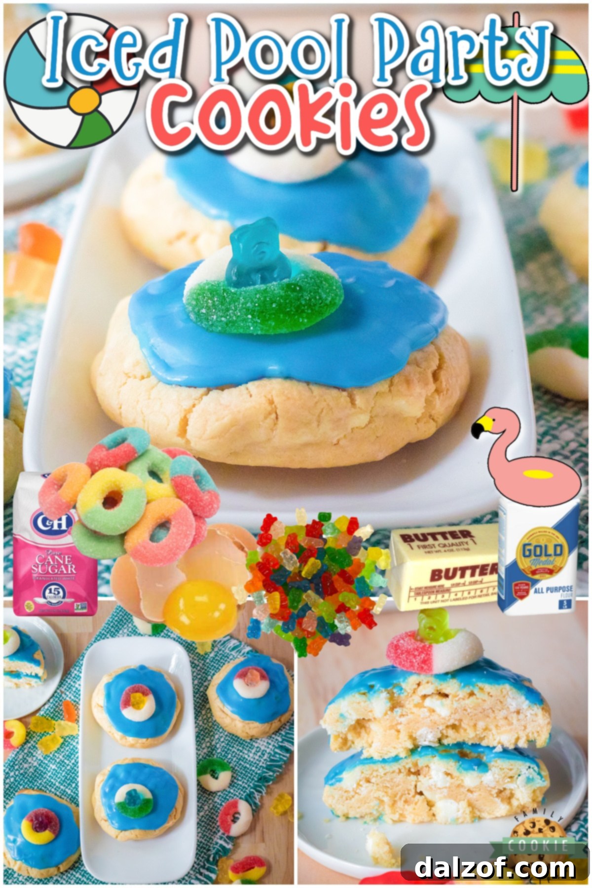 Pool Party Cookies are fun, festive cookies perfect for summer! Chewy creamsicle cookies topped with blue icing and a swimming gummy bear!