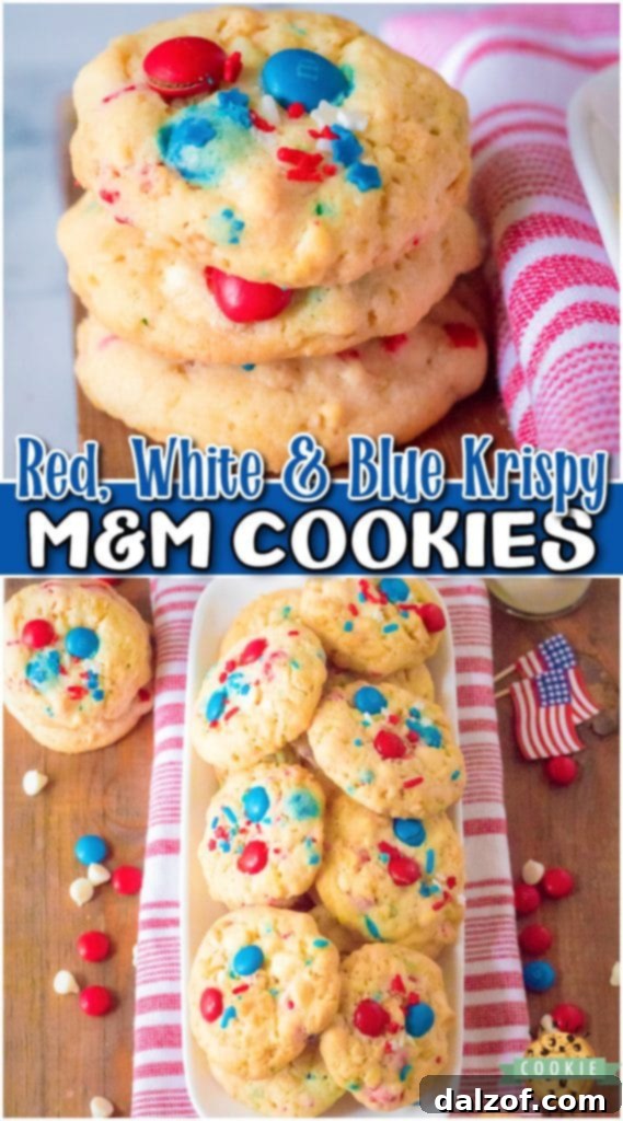 A close-up of Krispy M&M 4th of July Cookies, highlighting the red, white, and blue colors and crispy texture, ideal for a Pinterest pin.