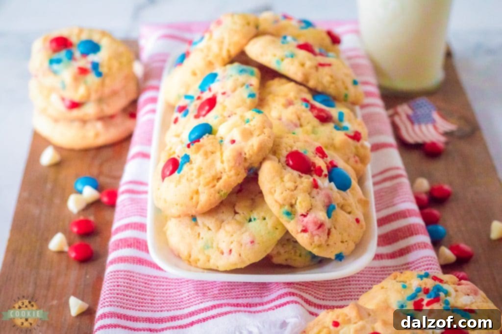 Close-up of baked 4th of July red, white, and blue Krispy M&M cookies.