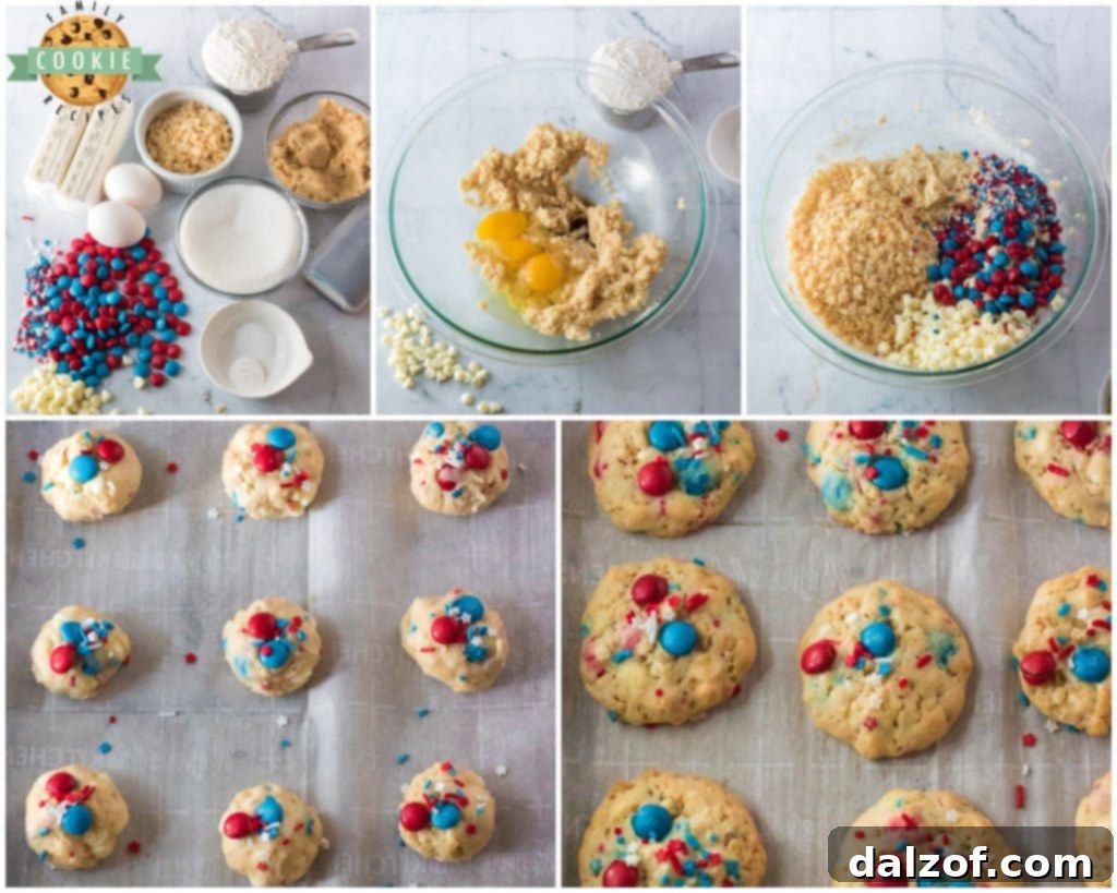 Step-by-step image showing how to make red, white, and blue Krispy M&M cookies.