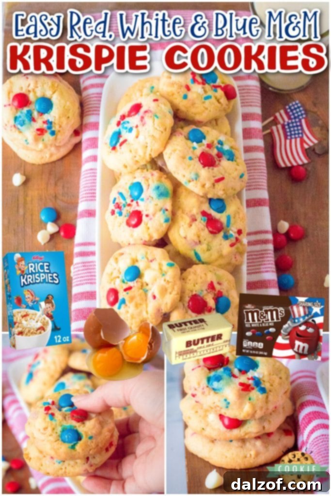 Krispy M&M 4th of July Cookies are soft & chewy, made with M&M's, white chocolate & Rice Krispies! These patriotic cookies are a festive red, white & blue treat for the holiday dessert table.